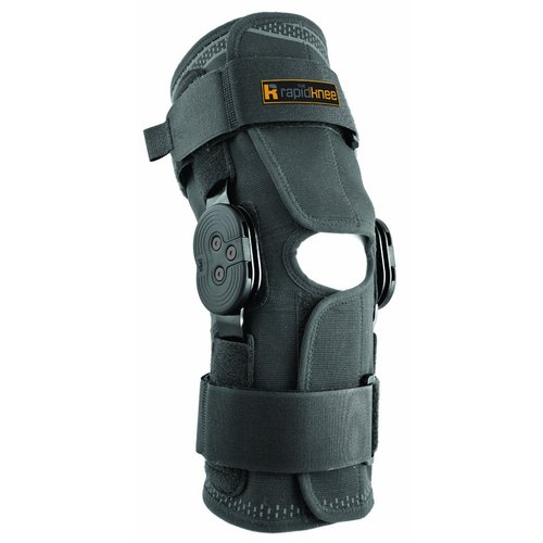 Wrap-on Knee Brace with extension and flexion hinge by Rapid Knee (RK150) - Front wrap-on knee wrap with comfort fit elastic. Side Hinge opens and is adjustable to limit Range of Motion. - XL
