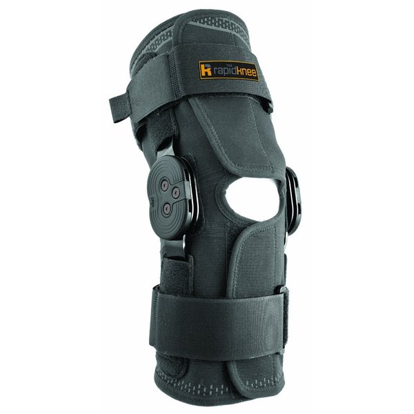 Wrap-on Knee Brace with extension and flexion hinge by Rapid Knee (RK150) - Front wrap-on knee wrap with comfort fit elastic. Side Hinge opens and is adjustable to limit Range of Motion. - XL
