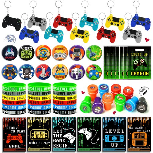 BANBALLON 66 PCS Video Game Party Favors Video Game Theme Notepads Wristbands Stampers Keychains ...