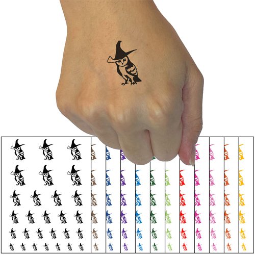 Wise Barn Owl with Witch Hat Temporary Tattoo Water Resistant Fake Body Art Set Collection - Brown (One Sheet)