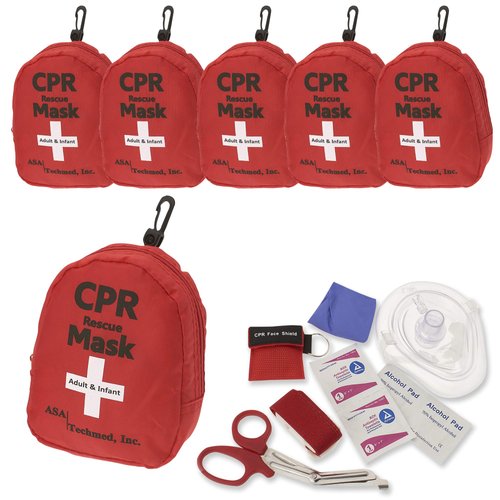 ASA TECHMED 6 Pack Emergency First Aid Kit - CPR Rescue Mask, Pocket Resuscitator with One Way Valve, EMT Trauma Scissors, Tourniquet, Gloves, Antiseptic Wipes | Ideal for CPR Training