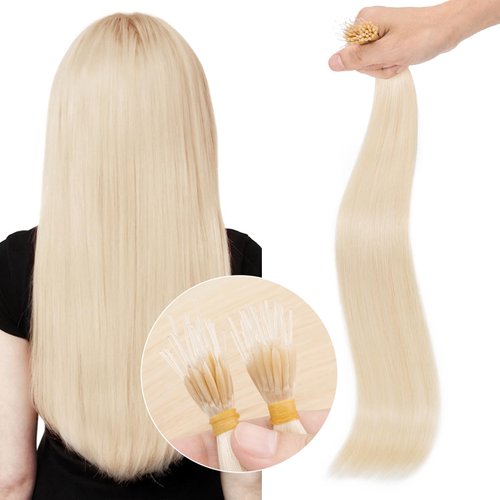 Elailite I Tip Hair Extensions Human Hair Elastic Itip Real Remy Hair Platinum Blonde 16 Inch 50G 50Strands Straight Pre Bonded Keratin Fusion Human Hair Extensions