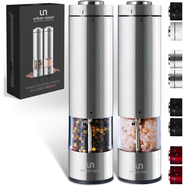 Electric Salt and Pepper Grinder Set - Battery Operated Stainless Steel Mill with Light (2 Mills) - Automatic One Handed Operation - Electronic Adjustable Shakers - Ceramic Grinders