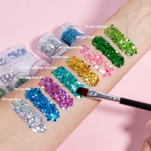 Body Glitter and Face Gems Set, 8-Color Holographic Mixed Sequins & 6-Color Resin Jewels, Face,Hair, Nails Stunning Looks,DIY Laser Chunky Glitter Makeup for Party Halloween (Set-A)