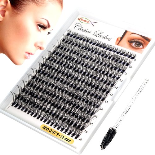 Lash Clusters 240pc 40D, D Curl Eyelashes, Feather Light Lashes, Mixed Tray 0.07 Thickness Lash Extension Kit, Natural Look Eyelash Extension Kit, Easy Use, Black (9-16mm)