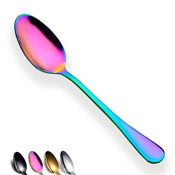 Rainbow Dinner Spoon of 4, Berglander 7.5" Stainless Steel Titanium Plating Shiny Mutil-Color Soup Spoons Silverware, Colorful Soup Spoon Table Spoon Set Sturdy Easy To Clean, Dishwasher Safe