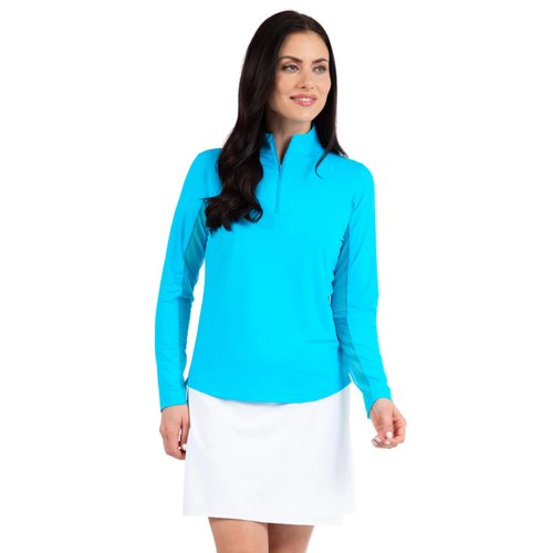 IBKUL Athleisure Wear Sun Protective UPF 50+ Icefil Cooling Tech Long Sleeve Mock Neck Top with Under Arm Mesh 80000 Turquoise Solid M