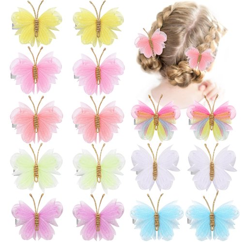 NCMAMA Tulle Hair Bows with Butterfly Clips, 2 Colorful Hair Pins for Weddings, Birthday, Cosplay - 16PCS for Baby, Toddler, Kid & Women