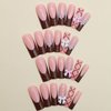 24 Pcs French Tip Press on Nails Long Coffin Fake Nails with Glue Pink Full Cover False Nails with 3D Nail Charms Designs Ballerina Nail Tips Cute Stick on Nails Artificial Nails for Women
