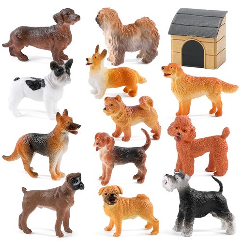 Mini Tudou Dog Figures Play Set,12 pcs Realistic Dog Figurines Toys w/ Dog House,Durable Solid Body Puppy Figurines Sheepdog,Golden Retriever for Cake Topper,Educational Toy,Collection and Decorations