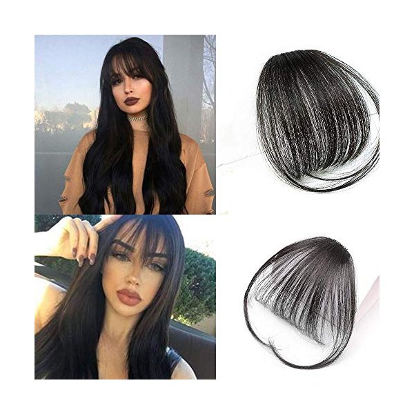 Clip in Bangs 100% Real Human Hair Bangs Dark Brown Bangs Hair Clip with Temple Clip on Bangs Hair Extensions for Women (Natural Black, Wispy Bangs)