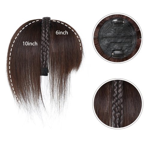 viviaBella Women 10" Twist Braid Headband Straight Hairpieces Human Hair Clip In Topper Hair Extension With Bangs Invisible Natural (Dark Brown)