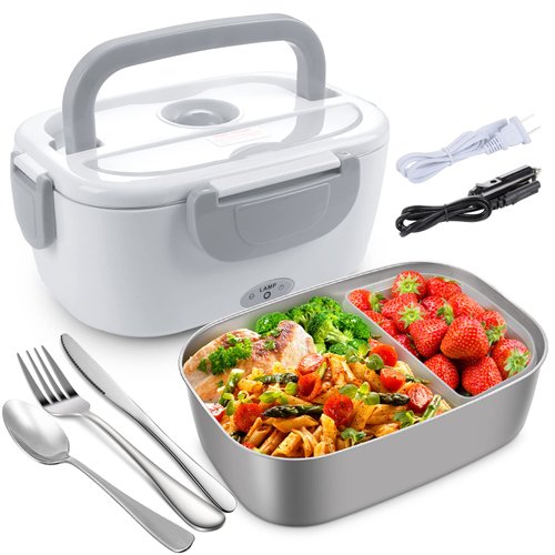 AsFrost Electric Lunch Box for Car/Truck Home/Work/Office, 12V/24V/110V 60W Portable Food Warmer Heated Lunch Box for Men & Adults With 304 Stainless Steel Container 1.5L, Leak Proof, SS Fork Spoon
