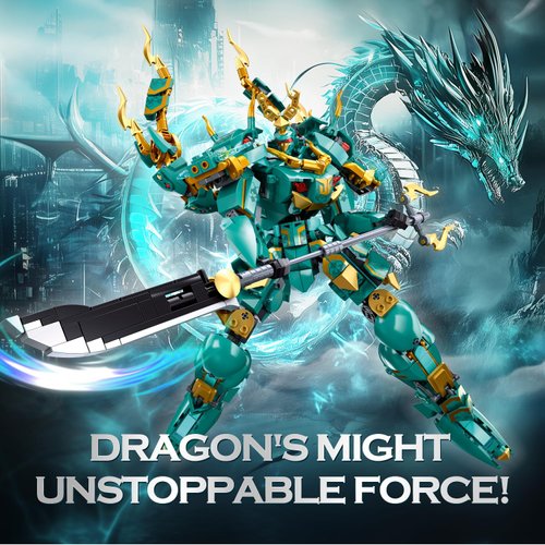 Sluban Mech Robot Building Set for Adults, Green Dragon Samurai Action Figure with Weapons, 704 PCS Ninja Toy Building Set, Collectible Gift for Kids Ages 8+