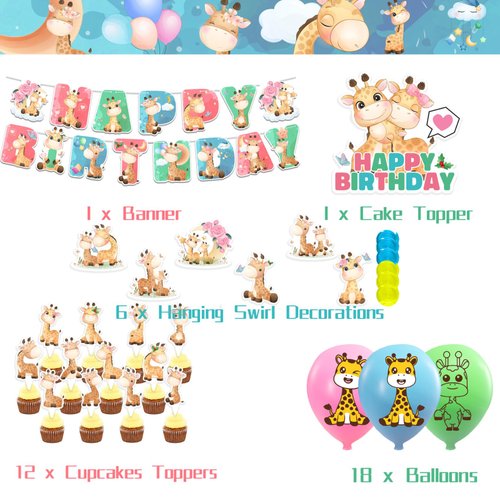 Giraffe Birthday Decorations Cute Animal Giraffe Party Decorations Include Giraffe Happy Birthday Banner, Hanging Swirls, Cake Topper, Cupcake Topper, Balloons