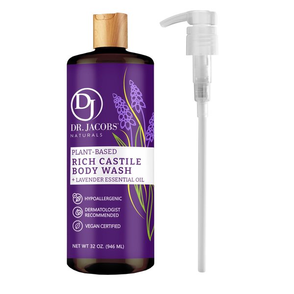 DR. JACOBS NATURALS Castile Lavender All-Natural Body Wash for Moisturizing Dry and Sensitive Skin Shampoo with Plant-Based Ingredients Gluten, Preservatives-Free Formula - 32 oz, with Pump