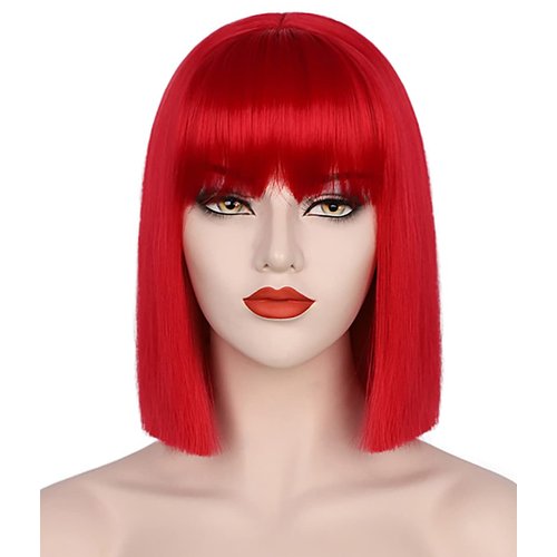 Juziviee Red Wigs for Women 12'' Short Red Bob Hair Wig with Bangs Natural Cute Soft Hair Wigs for Daily Party Halloween AD016R
