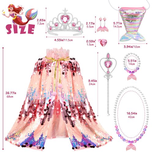 LIMIROLER Princess Dress Up Toys Mermaid Dress Up Cape Kit 9 Pcs Gift Set for Little Girls 3-8 Years Old, Princess Dress Up Clothes Set Gift for Birthday Christmas Party Halloween (Pink)