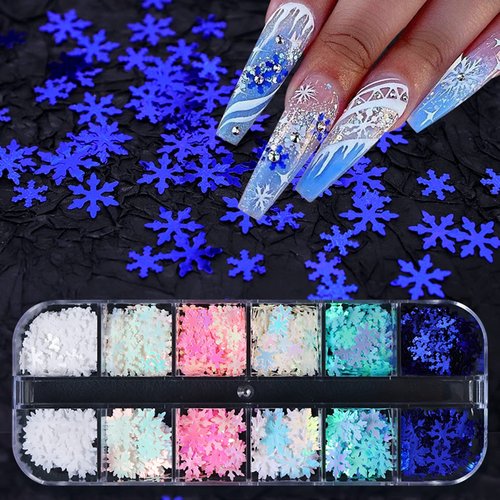 12 Grids 3D Snowflake Nail Art Sequins Winter Christmas Nail Glitter Flakes Laser Nail Sequins Holographic Glitter Designs Snowflake Nail Charms Christmas Nail Stickers for Xmas Party Nail Decorations