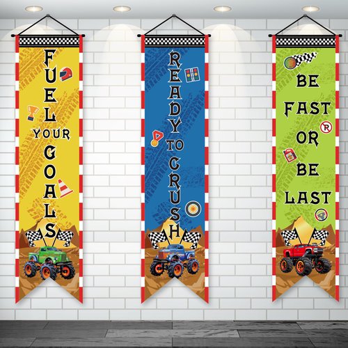 3Pcs Monster Truck Party Banners Monster Truck Birthday Party Porch Sign Truck Motivational Words Door Backdrop Truck Hanging Decoration for Indoor Outdoor Monster Truck Theme Party School Wall Decor