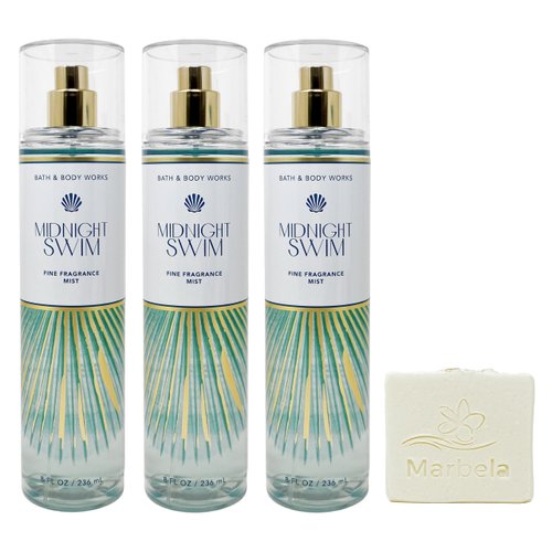Bath & Body Works Midnight Swim - 3 Pack Of Fine Fragrance Mist With a Natural Oats Sample Soap.