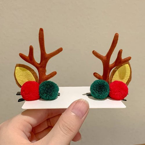 Suandsu 2 Pcs Christmas Hair Clips Reindeer Antlers Ears Hair Clips Hairpins Duckbill Clips Christmas Party Hair Accessories red green ball