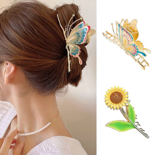 Metal Alloy Hair Clips with Butterfly and Sunflower Designs - 2 Pcs Cute Hair Pins for Women and Girls, Strong Hold, Nonslip Big Jaw Clips in Blue, Pink, Yellow Colors