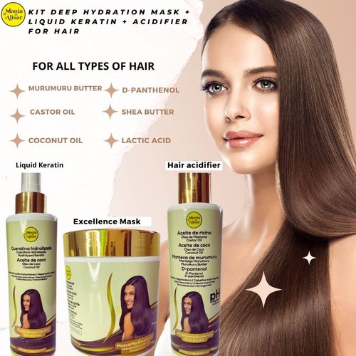 Mania de Alisar Deep hydration mask kit with hair acidifier, D-Panthenol, Coconut Oil, Shea Butter (17 fl.oz / 500 g)