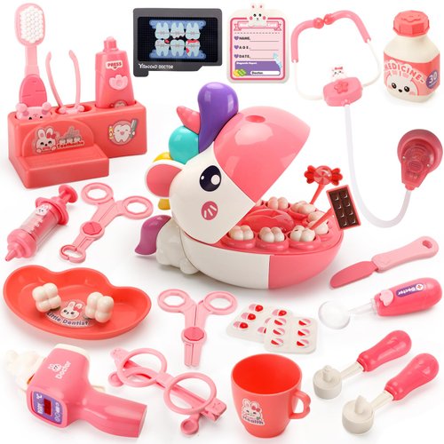 ORANGE OCEAN 34 Pcs Unicorns Toys, Pretend Dentist Play Set for Ages 2-4 Girls, Doctor Kit for Toddlers 3-5 Years Old, Medical Kits Toy, Doctor Playset Birthday for Kids 3 4 5