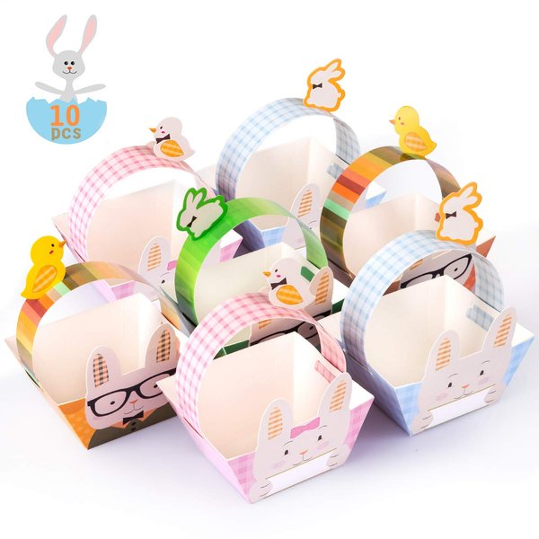 Naler 10 Pieces Mini Paper Easter Baskets DIY Bunny Baskets Gift Candy Treat Boxes with Handle for Easter Egg Hunt Party Supplies Easter Decorations