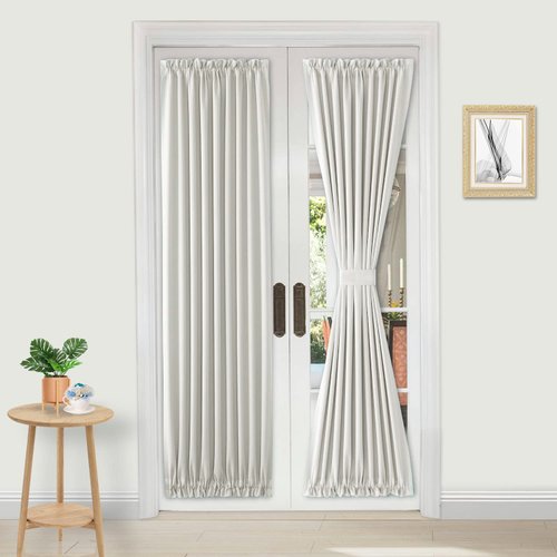 DWCN French Door Curtains – Rod Pocket Thermal Blackout Curtain for Doors with Glass Window, Kitchen and Patio Doors for Privacy, 25 X 72 Inches Long, 1 Curtain Panel with Tieback, Ivory