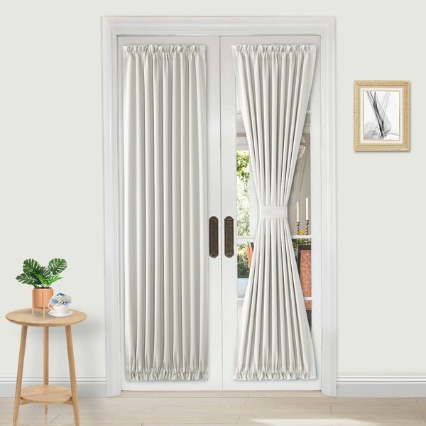 DWCN French Door Curtains – Rod Pocket Thermal Blackout Curtain for Doors with Glass Window, Kitchen and Patio Doors for Privacy, 25 X 72 Inches Long, 1 Curtain Panel with Tieback, Ivory