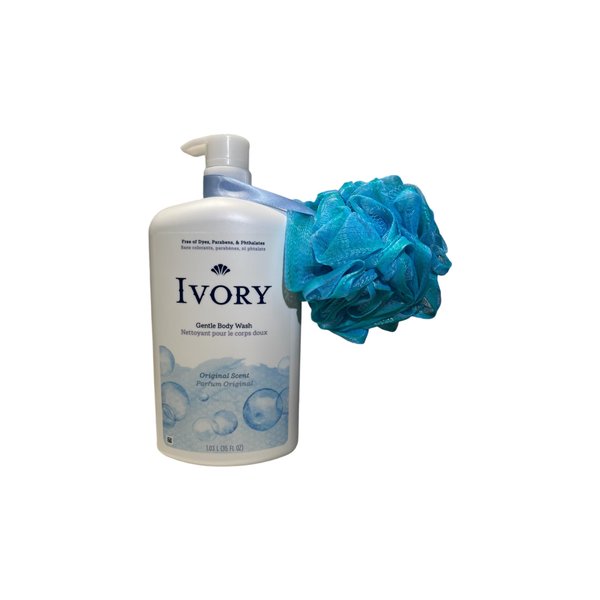 Ivory Bath Bundle: (1) Mild & Gentle Body Wash - Original Scent - 35 fl oz; (2) Bath Sponge loofah