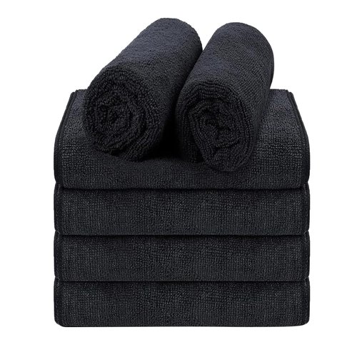 Puomue 6 Pack Black Salon Towels, Super Soft and Absorbent Microfiber Hair Towel for Salon, Bath, Spa, Pool and Home, 27 inch X 16 inch, Black