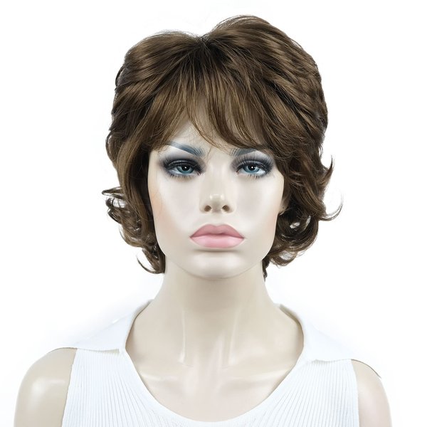 Aimole Short Curly Wigs Women's Synthetic Fiber Wig With Layered Bangs (10 Medium Golden Brown)