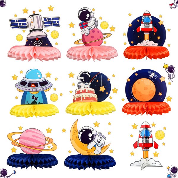 Fontien 9 pcs Space Theme Party Honeycomb Centerpieces, Space Astronaut Honeycomb Centerpieces Outer Space Party Decorations,Birthday Party Table Toppers，Rocket Astronaut Solar System Party Supplies
