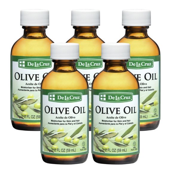 De La Cruz Pure Olive Oil - Natural Expeller Pressed Olive Oil for Hair and Skin - Lightweight Body Oil for Dry Skin 2 Fl Oz (5 Bottles)