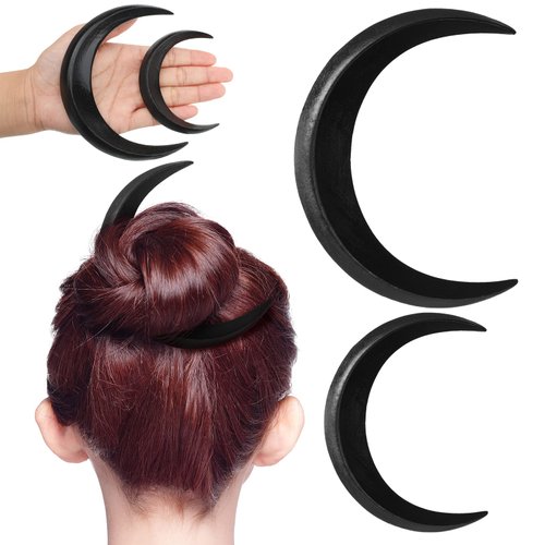 Yinder Wooden Crescent Moon Hair Fork for Women, 2 Pcs Hand Carved Moon Hair Stick Hairpin Hair Accessories Hair Styling Pins Moon Barrettes, 2 Sizes (Black)