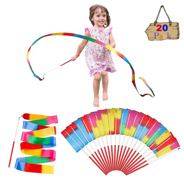 ORZIZRO 20Pack Rainbow Ribbon Streamers, Dance Ribbon Streamers Wands for Kids Party Supplies Goodie Bag Stuffers, Gymnastics Twirling Ribbon Stick Dance Streamers Party Favors for Kids Adults