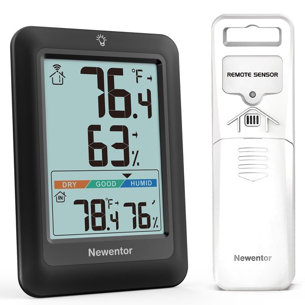 Newentor Indoor Outdoor Thermometer Wireless, Remote Temperature Monitor Hygrometer, Outside Inside Thermometers with Comfort Indicator, 4 Inch Screen Humidity Gauge, 328ft Range for Home Patio, Black