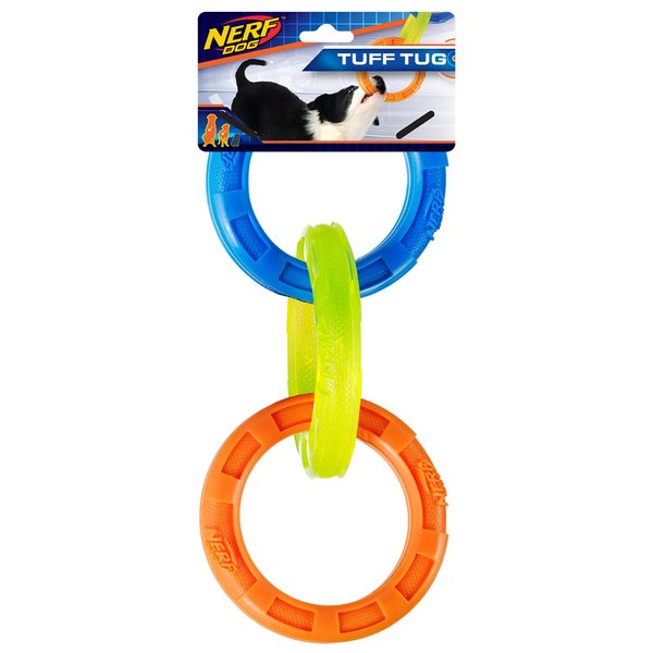Nerf Dog 10.5in Rubber 3-Ring Tug Dog Toy, Lightweight, Durable and Water Resistant, Single Unit, Blue/Green/Orange