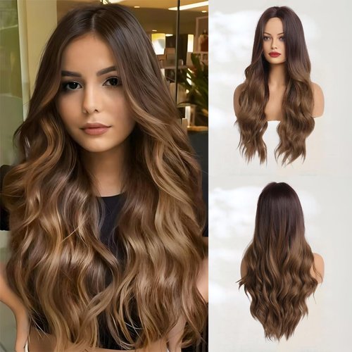 Haoland Long Ombre Brown Wavy Wig for Women 26 Inch Middle Part Curly Women&#39;s Charming Synthetic ...