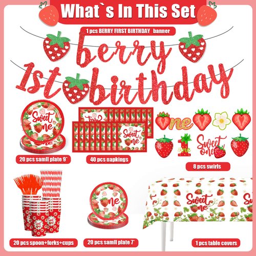 Yingoto 150pcs Strawberry First Birthday Decor Tableware Set for 20 Guests, includes Berry First Birthday Banner Hanging Swirl Paper Plate Cup Fork Straw Napkin Tablecloth Sweet One Birthday Party