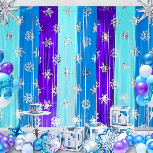 FANGBBO Frozen Birthday Party Decorations Backdrop Foil Fringe Curtain, Blue Tinsel Glitter Snowflake Themed Streamers 3.3x6.6ft (2 pcs)