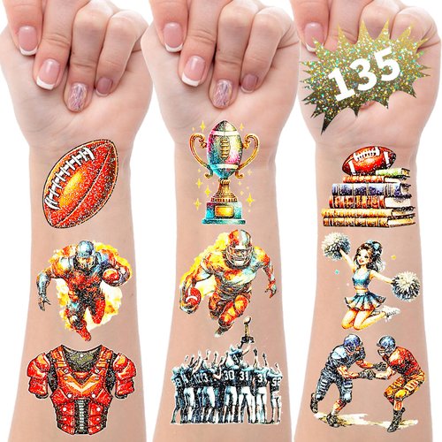 SUNAI 135Pcs Glitter Style Football Temporary Tattoos - Perfect for Football Birthday Party Decorations, Favors, Supplies, Gifts Goodie Bag Fillers, 12 Sheets