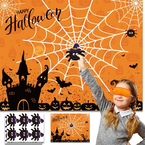 ROCWOHO Halloween Party Games Pin The Spider on The Web Game Reusable Pin Game Spider Web Halloween Party Favor Supplies for Kids Girls Boys