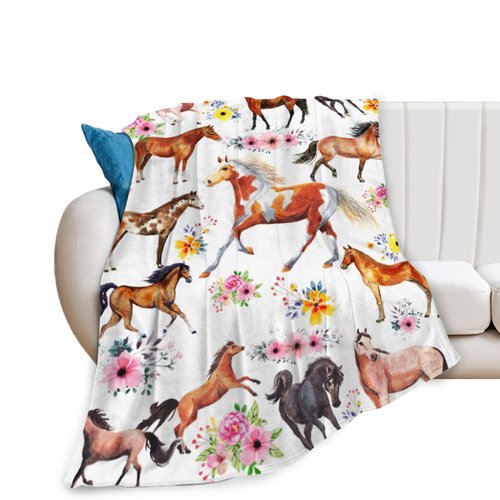 Horse Blanket Gifts for Girls Women Western Horses Flowers Fleece Flannel Throw Blankets Soft Lightweight Horse Plush Stuffed Animal Florals Throws for Horse Lovers Kids Adults Bed Sofa Decor 50"x40"