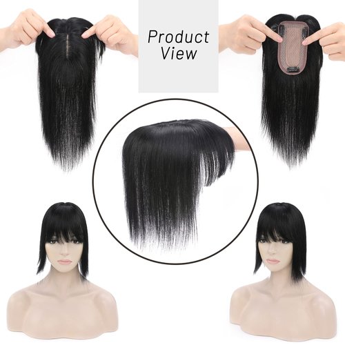 S-noilite 150% Density Human Hair Toppers with Bangs Silk Base Clip in Topper For Women with Thinning Hair Cover Gray Hair Clip on Top Hairpieces For Short Hair 10 Inch 33g #1 Jet Black