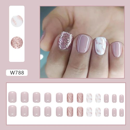 Pink White Press on Nails Square Fake Nails with Nail Glue Acrylic Extra Short False Nails with Pink Glitter Designs Artificial Glossy Nails Full Cover Stick on Nails for Women
