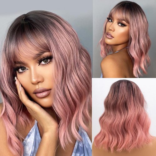 SPFAMI Short Bob Ombre Black Pink Wavy Wigs with Bangs for Women Natural Shoulder Length Wig Women's Charming Heat Resistant Synthetic Wigs for Daily Party Use